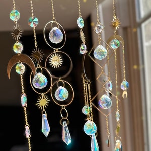 Set of 6 Suncatchers, Crystal Moon Hanging Sun Catchers, Rainbow Maker, Gold Suncatcher Set, Mother’s Day Gift