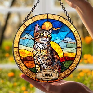 Personalized Cat Memorial Stained Glass, Loss of Pet Sympathy Gift, Cat With Name Suncatcher, Cat Suncatcher, Custom Pet Image Gift, LossCat