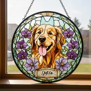 Personalized Dog Portrait Stained Glass Suncatcher, Custom Pet Memorial Stained Glass Photo Suncatcher, Dog Loss Keepsake, Pet Loss Gift