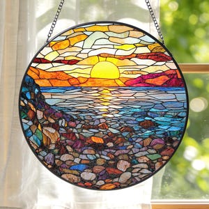 Rocky Ocean Stained Glass Suncatcher: Sunset Sea Window Hanging, Coastal Beach House Decor