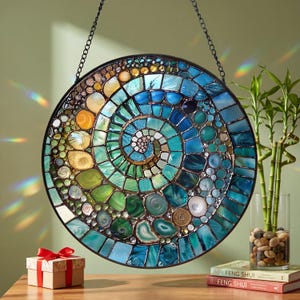 Abstract Rainbow Shell Spiral Suncatcher, Stained Glass Coastal Beach Decor, Ocean Inspired Window Hanging Gift