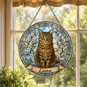 Custom Cat Portrait Stained Glass Suncatcher, Cat With Name Suncatcher, Cat Lovers Gift, Sleeping Cat on Moon, Pet Loss Gift, Pet Candle