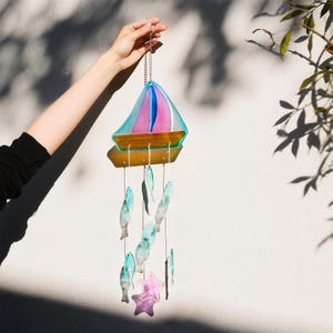Handmade Sailboat Glass Wind Chime, Coastal Sun Catcher with Fish & Starfish, Nautical Beach House Decor