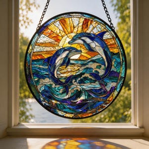 Dolphin Stained Glass Suncatcher, Ocean Window Hanging, Coastal Glass Art Decor, Beach House Gift, Nautical Sun Catcher